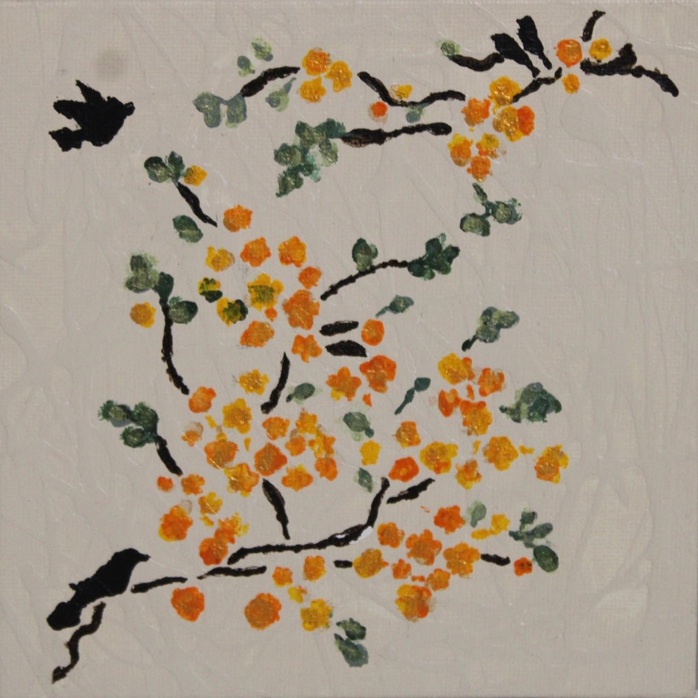 Black Birds Among Flowers Painting